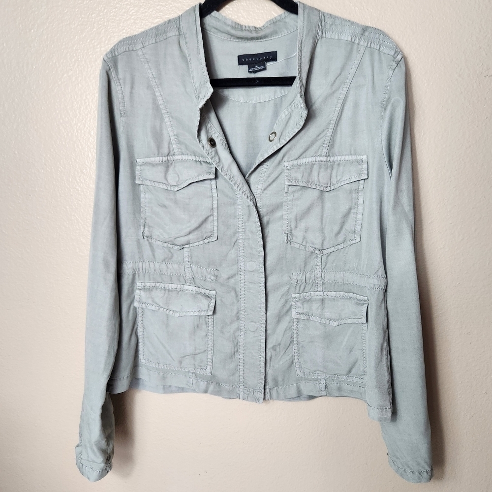 Sanctuary Womens Military Green Tencel Roll Tab Sleeve Utility Jacket-Size M